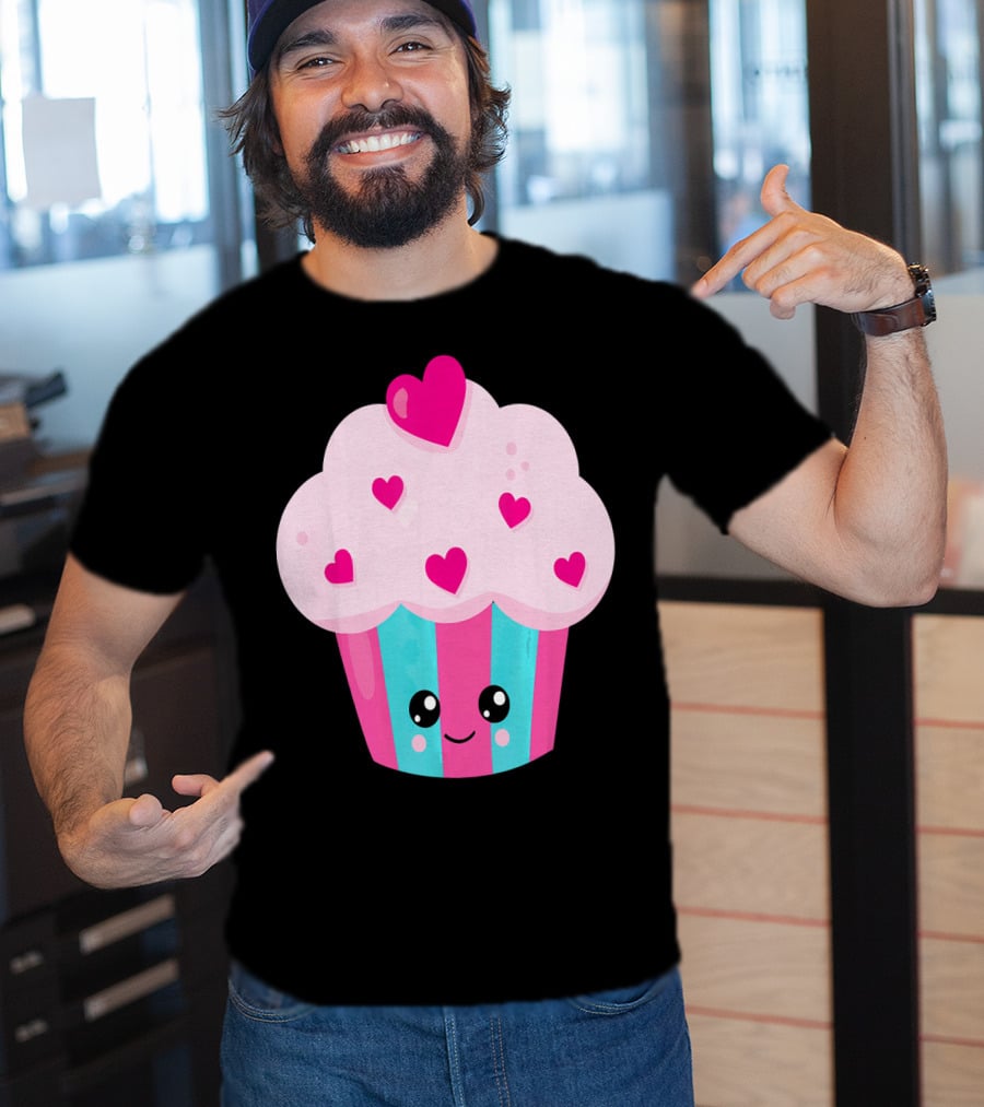 Kawaii Pink Hearts Cupcake With Cute Happy Face T-Shirt