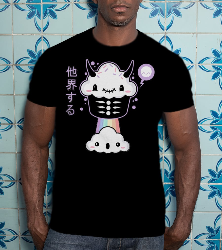 Kawaii Evil Farting Cupcake Pastel Goth Rainbow Demon Skeleton T-Shirt