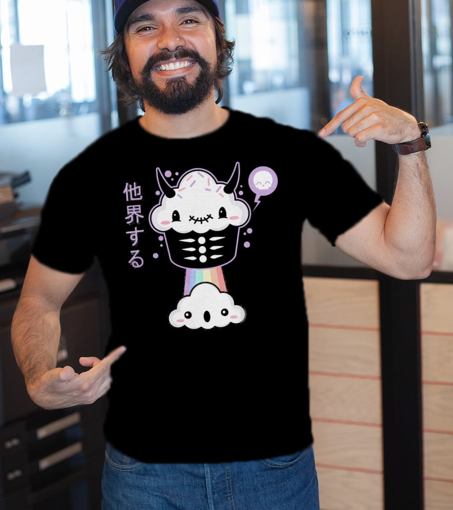 Kawaii Evil Farting Cupcake Pastel Goth Rainbow Demon Skeleton T-Shirt