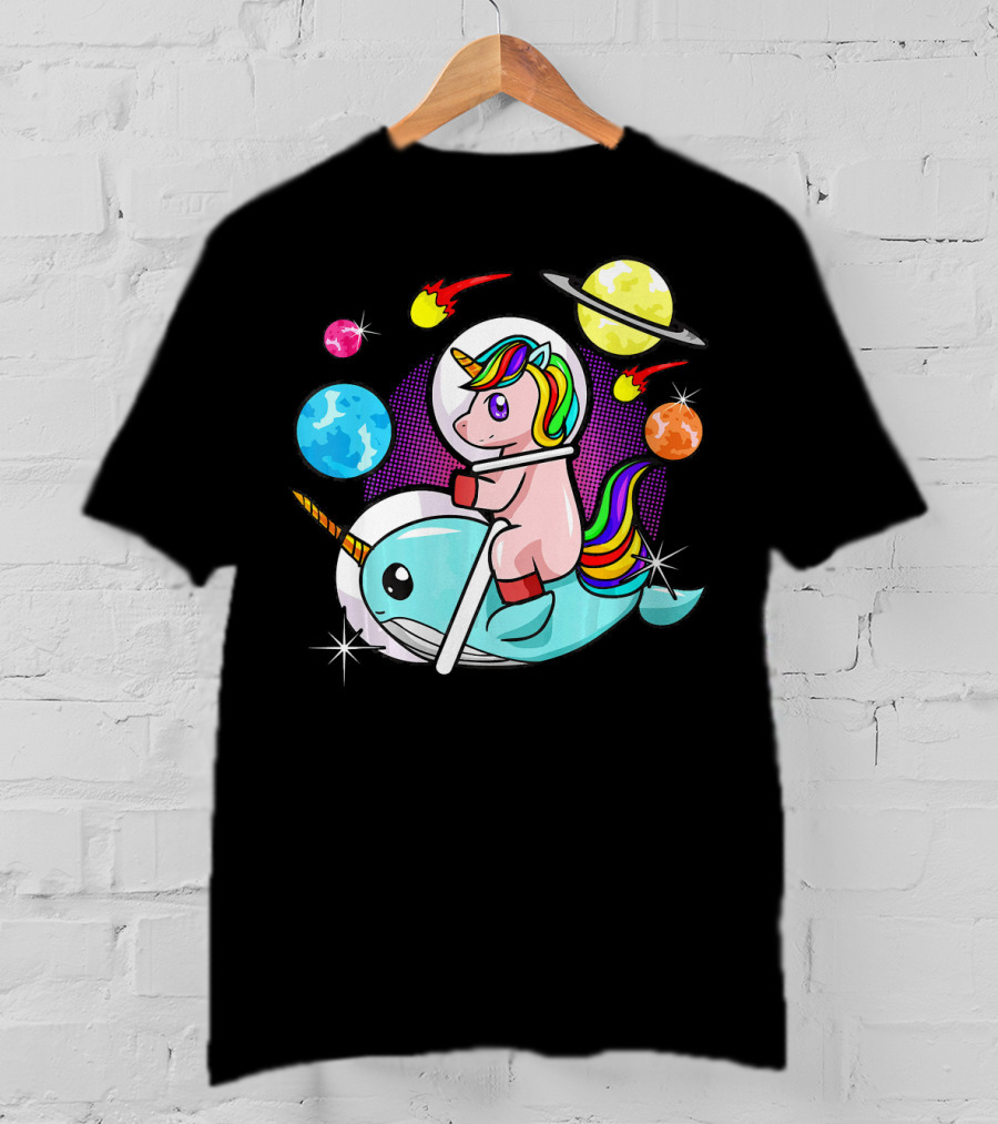 Unicorn Riding Narwhal Space Adventure With Planets And Astronaut Helmet T-Shirt