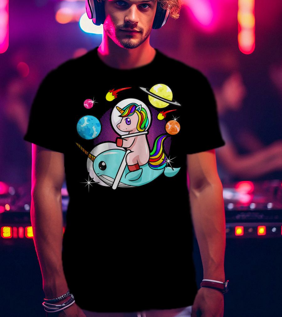 Unicorn Riding Narwhal Space Adventure With Planets And Astronaut Helmet T-Shirt