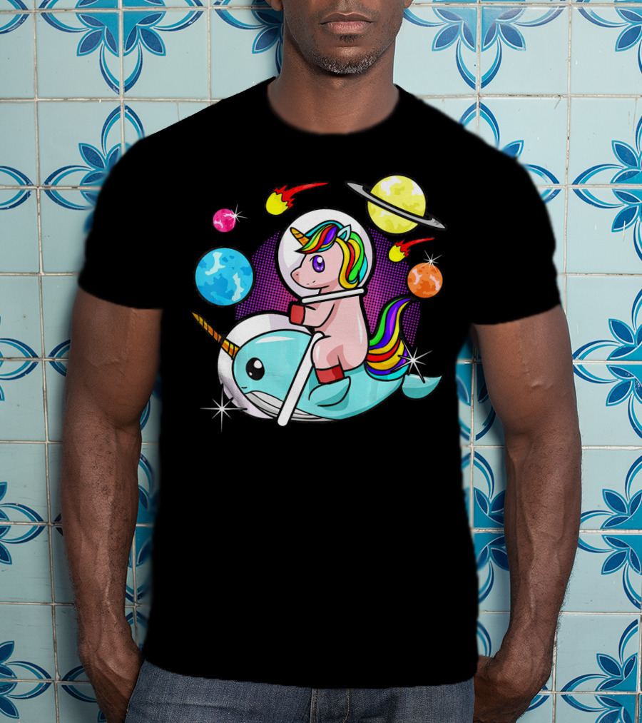 Unicorn Riding Narwhal Space Adventure With Planets And Astronaut Helmet T-Shirt