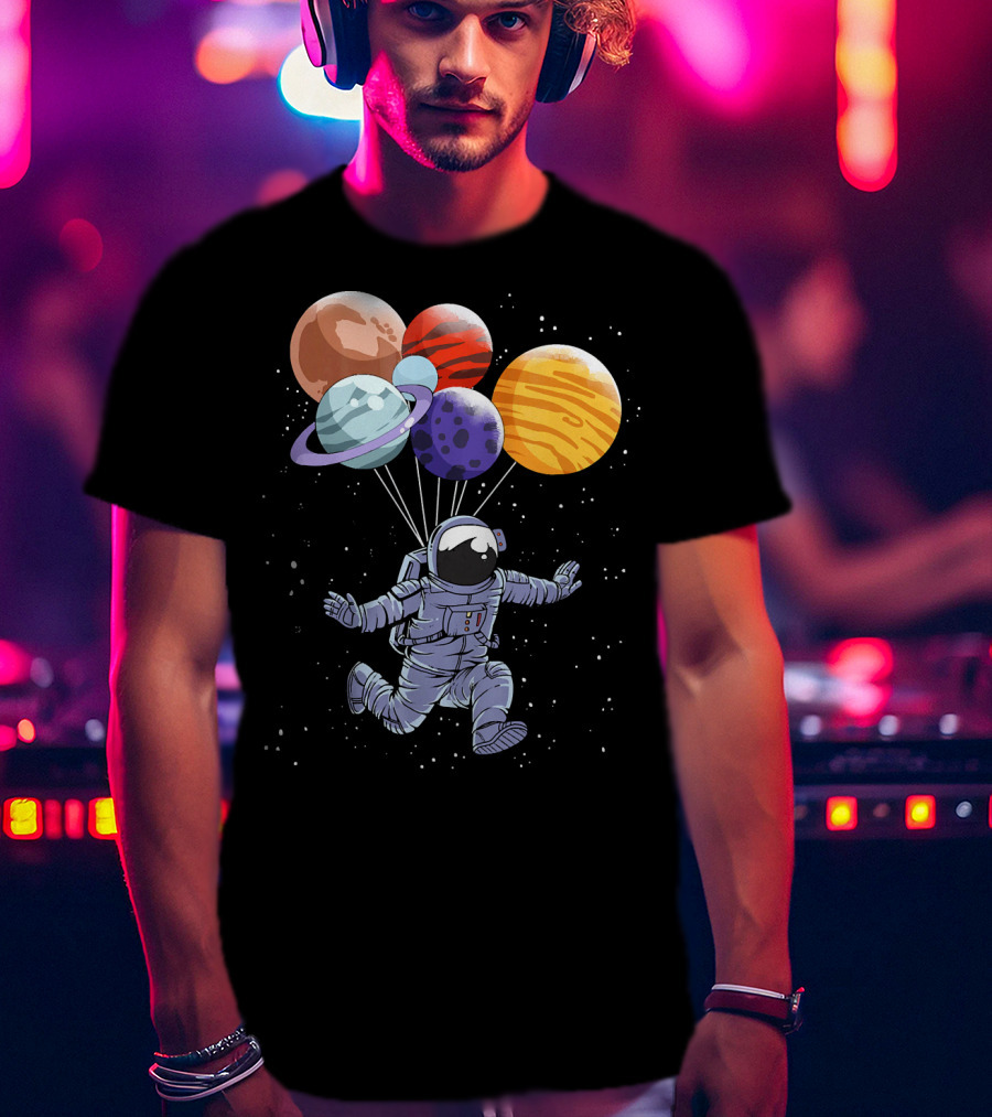 Astronaut Floating With Planet Balloons In Space Boys T-Shirt