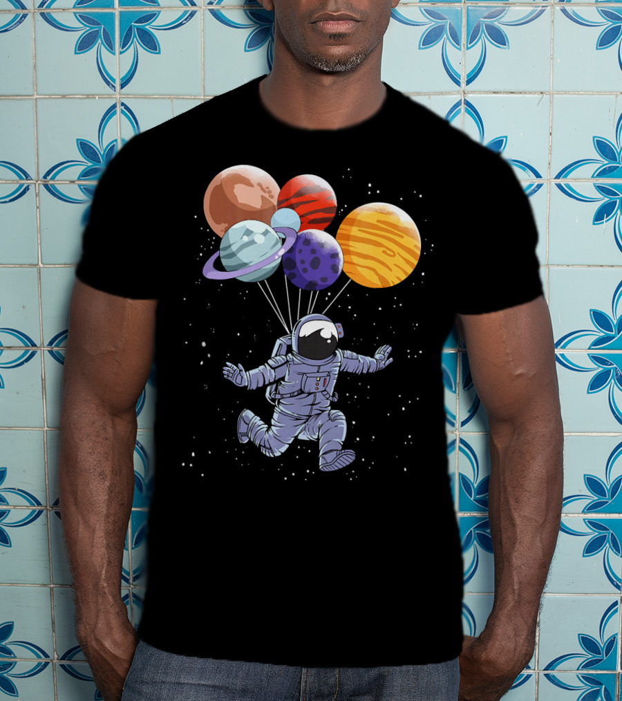 Astronaut Floating With Planet Balloons In Space Boys T-Shirt