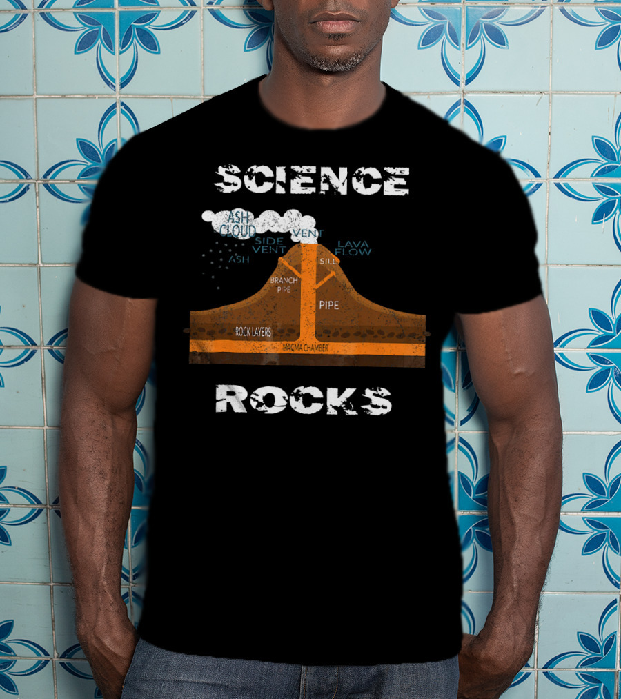 Science Rocks Distressed Volcano Diagram With Ash Cloud And Magma Chamber T-Shirt