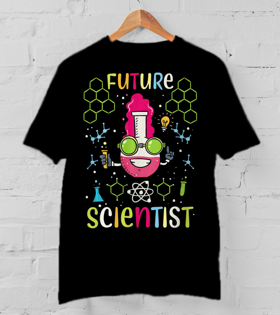 Future Scientist Junior Kids Science Beaker Atom Molecule Hexagon Lab Lightbulb T-Shirt