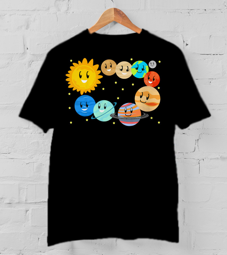 Kids Solar System Science Planets Learning Smiling Sun And Stars T-Shirt
