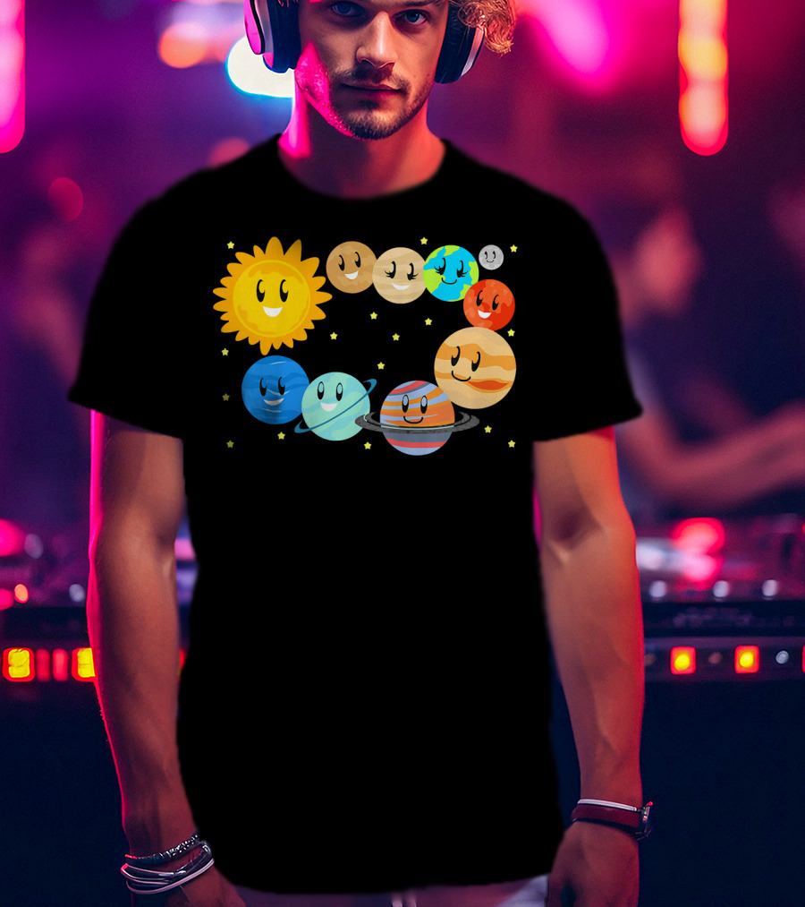 Kids Solar System Science Planets Learning Smiling Sun And Stars T-Shirt