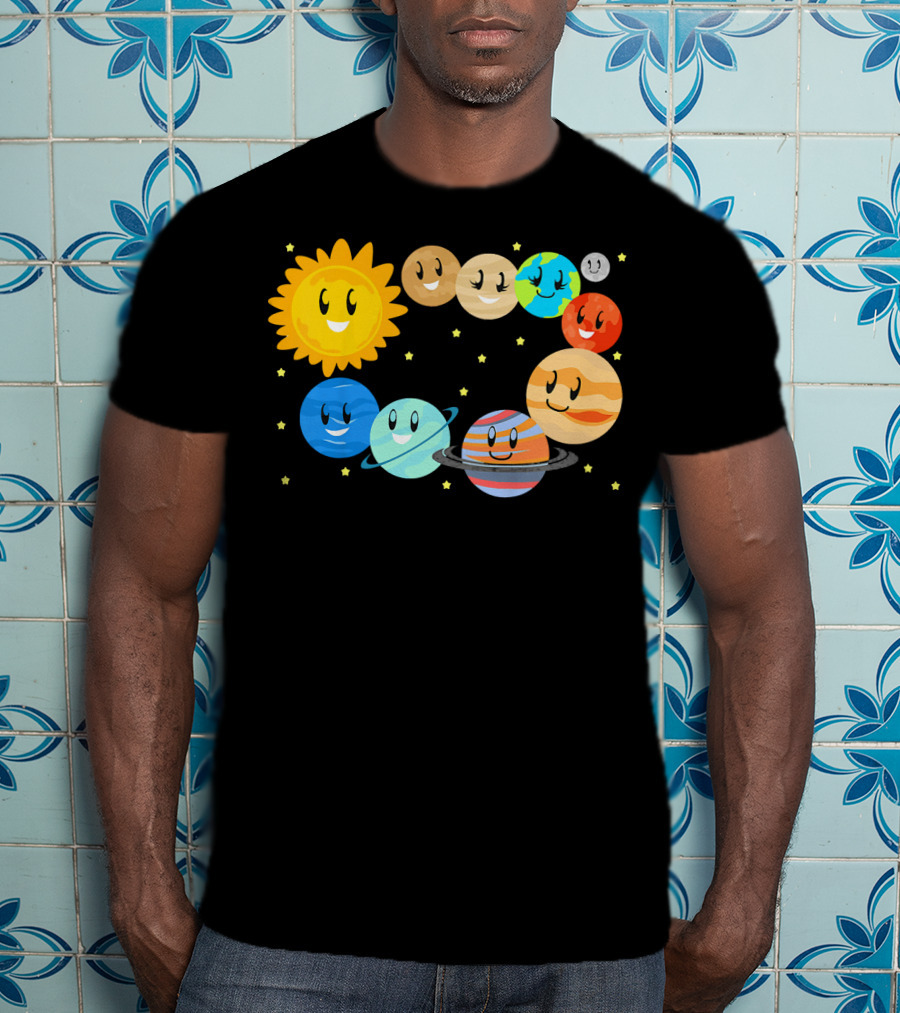 Kids Solar System Science Planets Learning Smiling Sun And Stars T-Shirt