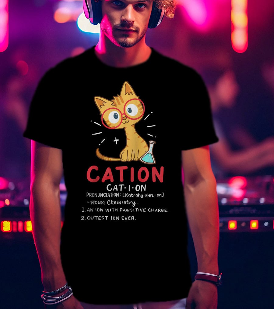 Cation Science Cat Pronunciation Cute Ion With Pawsitive Charge Chemistry Student T-Shirt