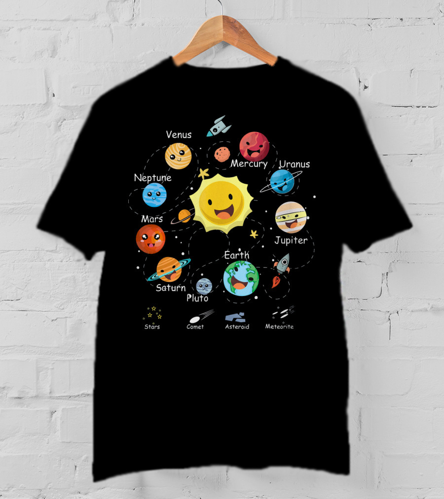 Funny Planets Solar System With Cute Sun And Space Objects T-Shirt