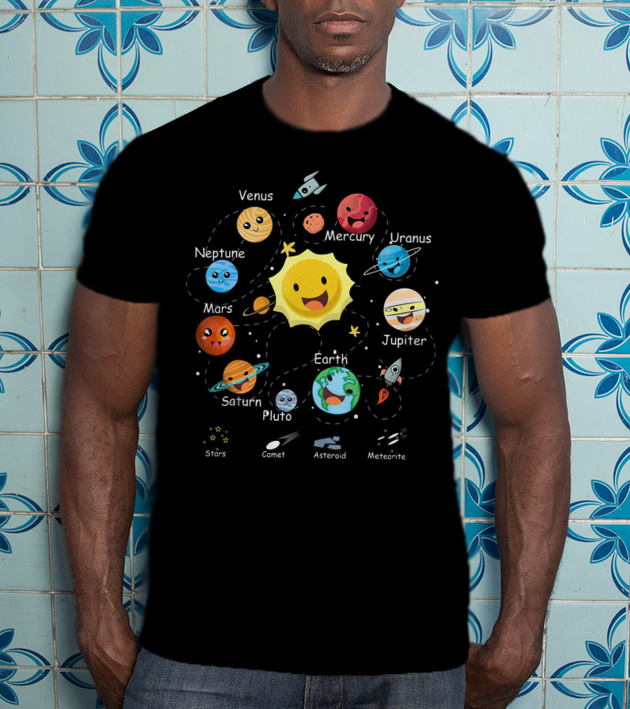 Funny Planets Solar System With Cute Sun And Space Objects T-Shirt