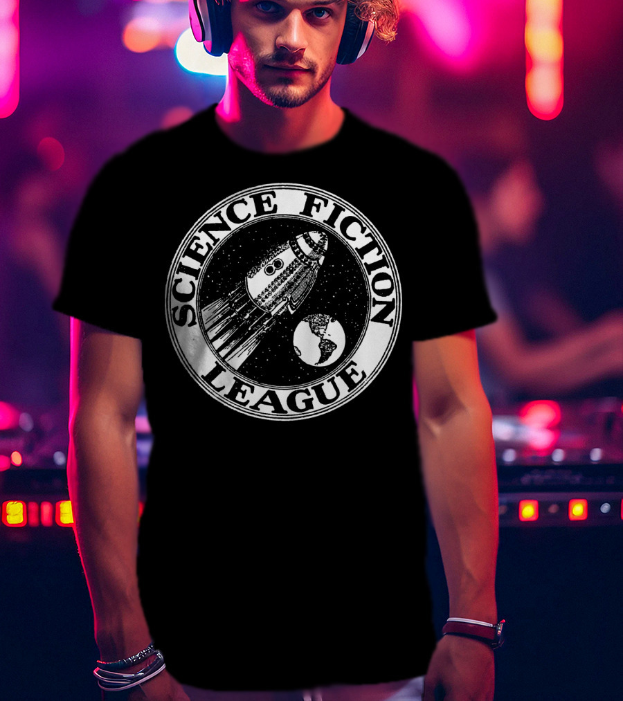 Science Fiction League 1930s Rocket And Earth Emblem T-Shirt