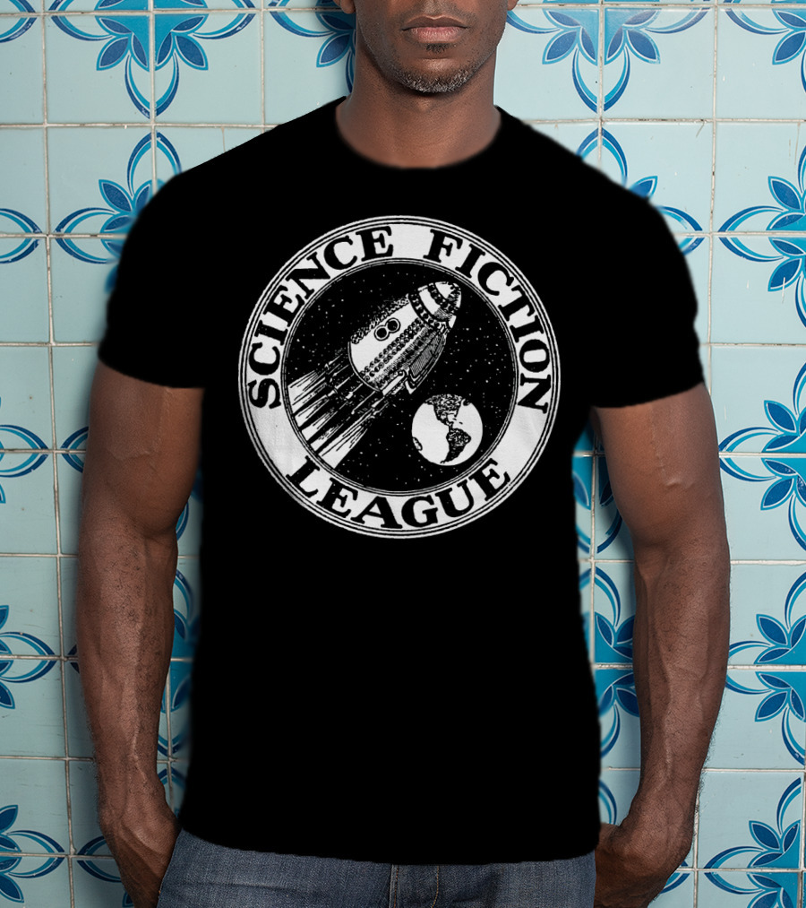 Science Fiction League 1930s Rocket And Earth Emblem T-Shirt