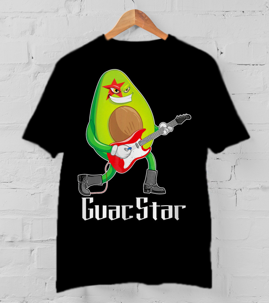 Guac Star Avocado Rock Star Playing Guitar With Red Boots T-Shirt
