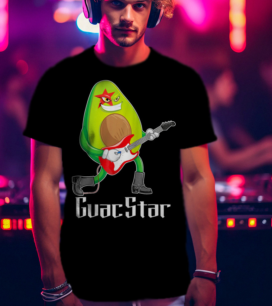 Guac Star Avocado Rock Star Playing Guitar With Red Boots T-Shirt