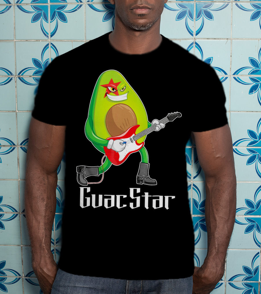 Guac Star Avocado Rock Star Playing Guitar With Red Boots T-Shirt