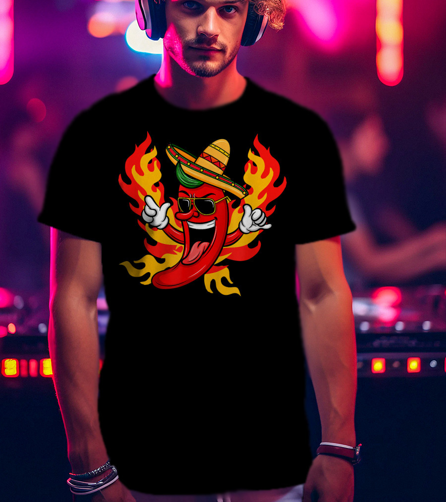 Cool Peppers Hot And Spicy Chili Flame Sombrero Party T-Shirt