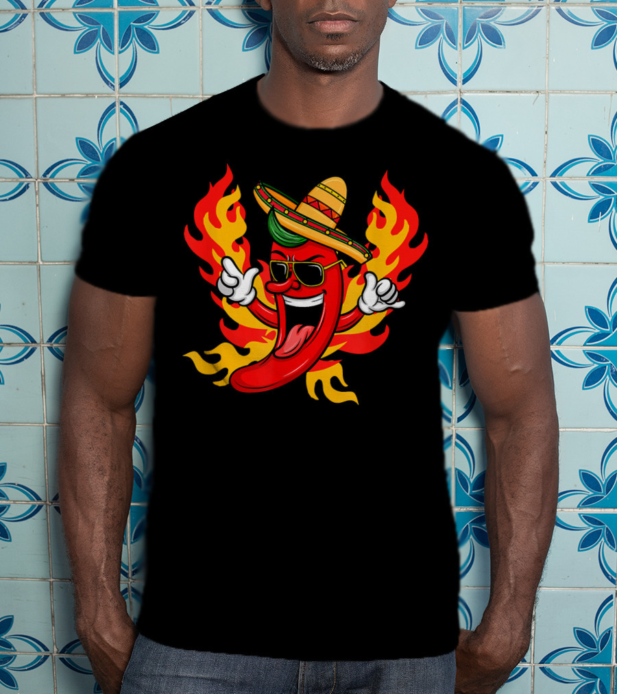 Cool Peppers Hot And Spicy Chili Flame Sombrero Party T-Shirt
