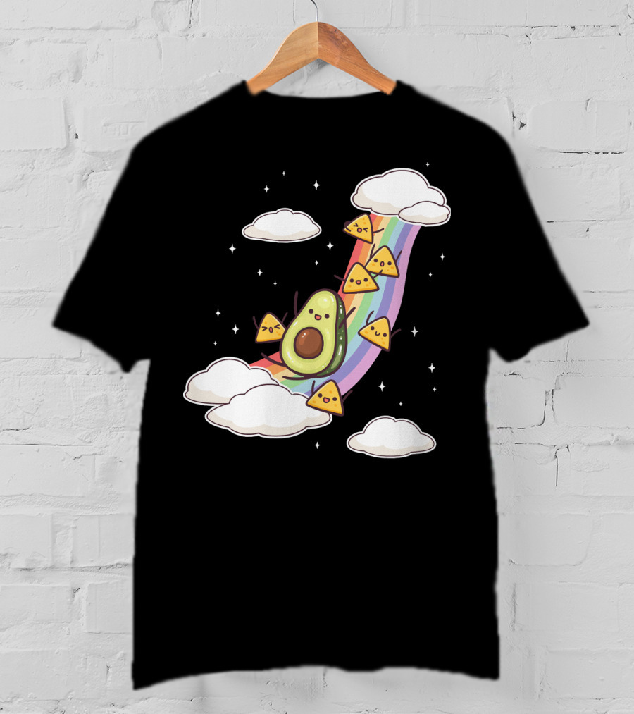 Avocado Nachos Riding A Rainbow With Clouds And Stars Guacamole Fun T-Shirt