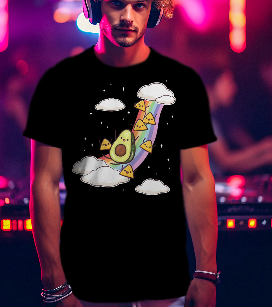 Avocado Nachos Riding A Rainbow With Clouds And Stars Guacamole Fun T-Shirt