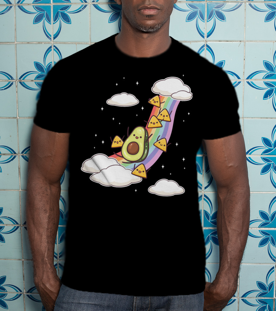 Avocado Nachos Riding A Rainbow With Clouds And Stars Guacamole Fun T-Shirt