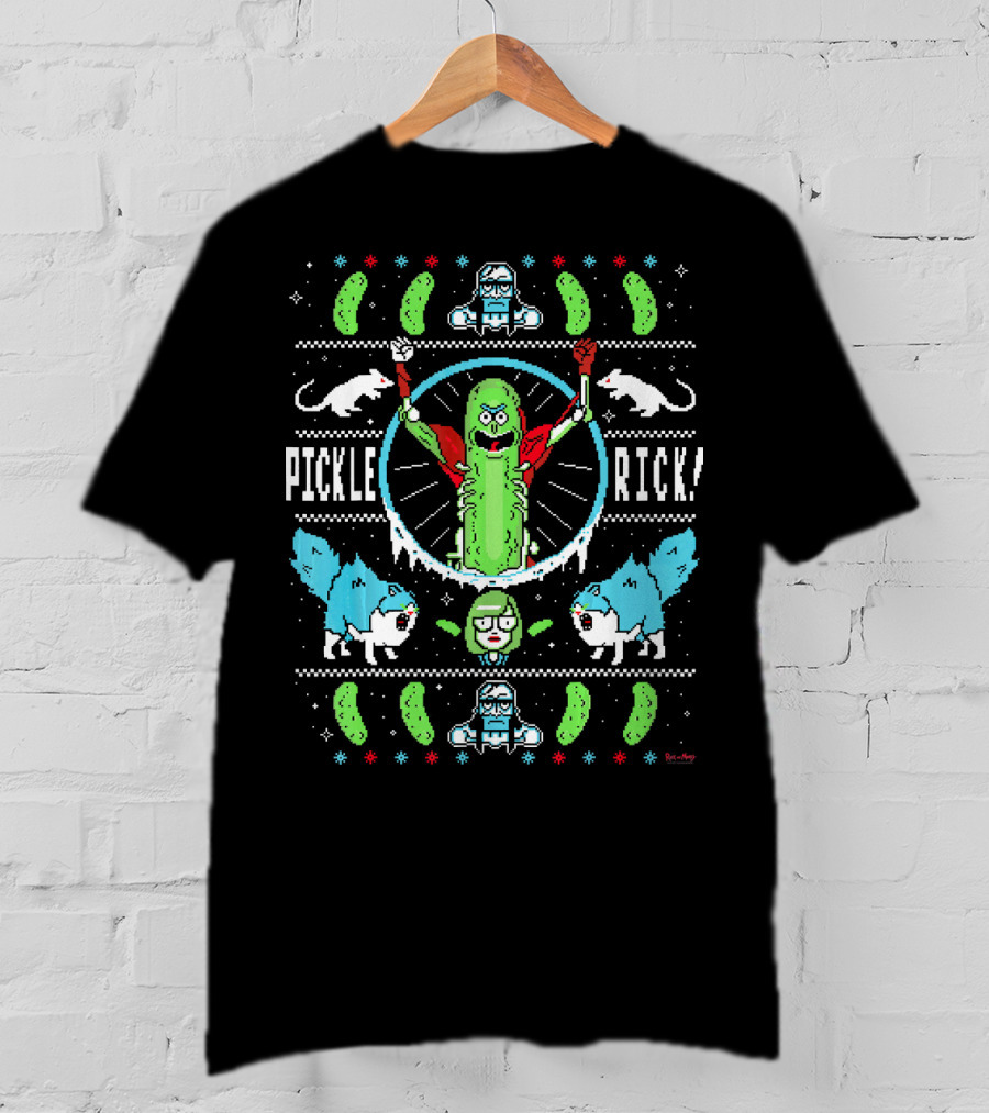 Festive Pickle Rick Ugly Sweater Christmas Theme With Rick And Morty Cats And Snowflakes T-Shirt