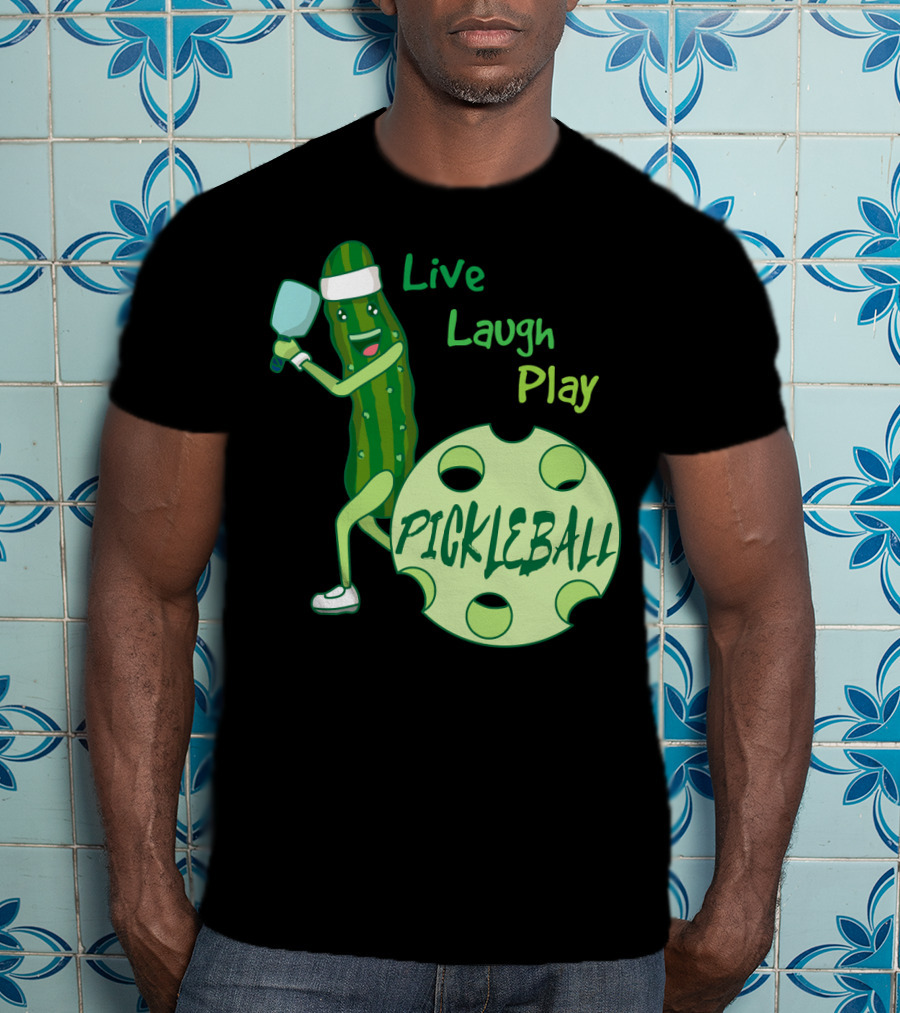 Live Laugh Play Pickleball Funny Sports Pickle Character Paddle T-Shirt