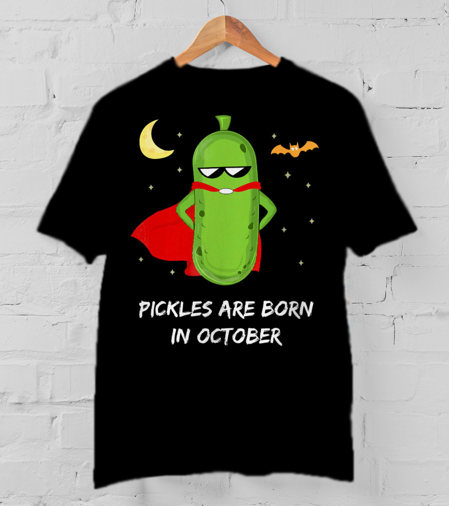 Superhero Pickles With Cape And Halloween Moon Born In October T-Shirt