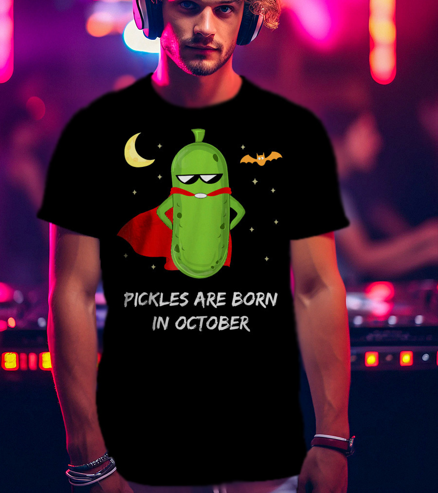 Superhero Pickles With Cape And Halloween Moon Born In October T-Shirt