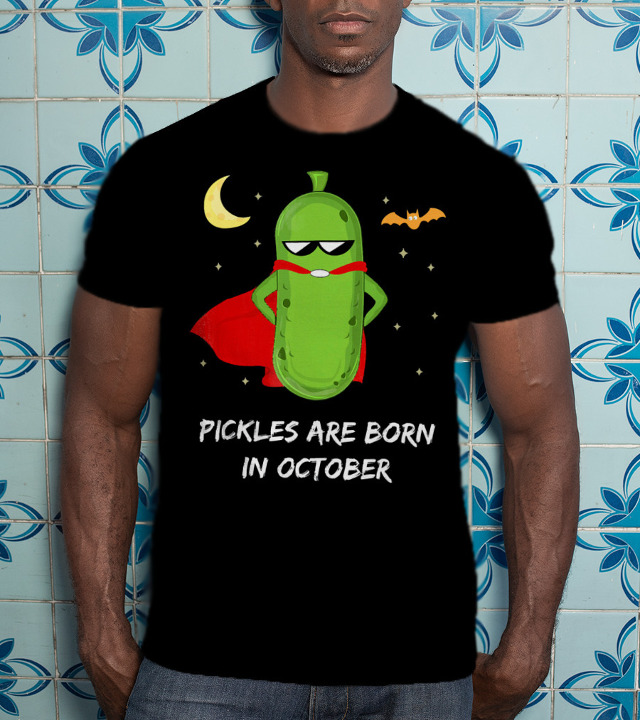 Superhero Pickles With Cape And Halloween Moon Born In October T-Shirt