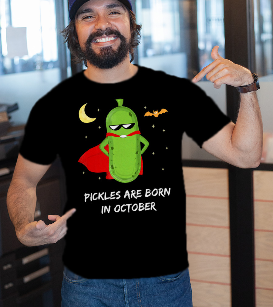 Superhero Pickles With Cape And Halloween Moon Born In October T-Shirt