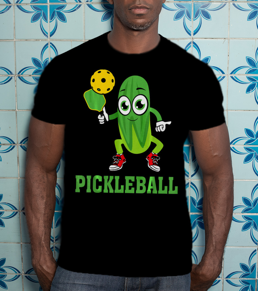 Pickle Character Playing Pickleball With Paddle And Ball T-Shirt
