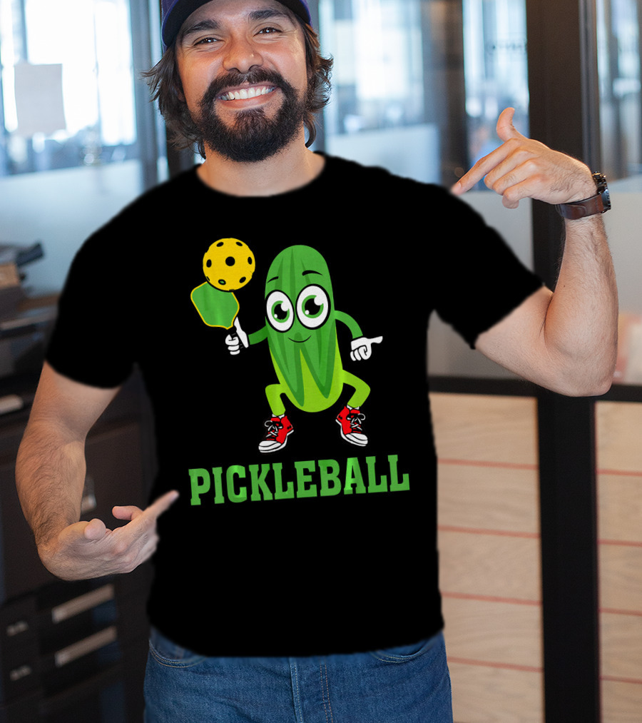 Pickle Character Playing Pickleball With Paddle And Ball T-Shirt