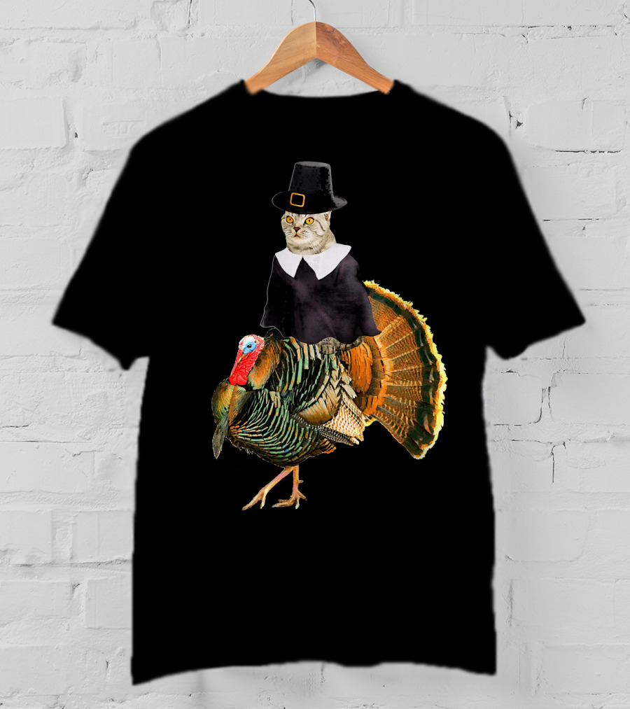 Cat In Pilgrim Outfit On Thanksgiving Turkey T-Shirt