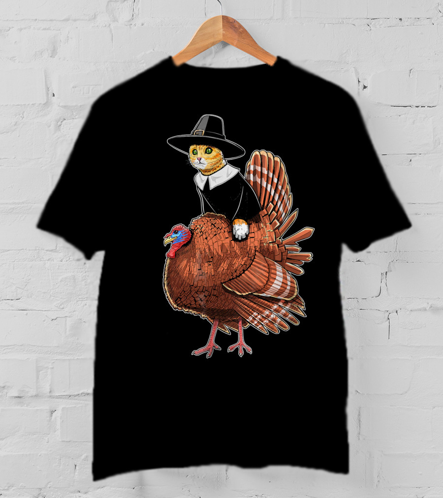 Thanksgiving Cat Dressed As Pilgrim Riding Turkey T-Shirt