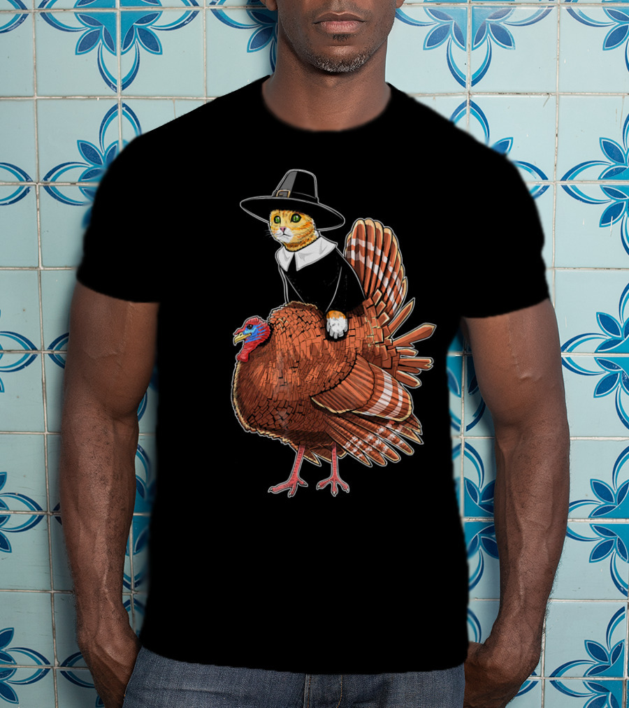 Thanksgiving Cat Dressed As Pilgrim Riding Turkey T-Shirt