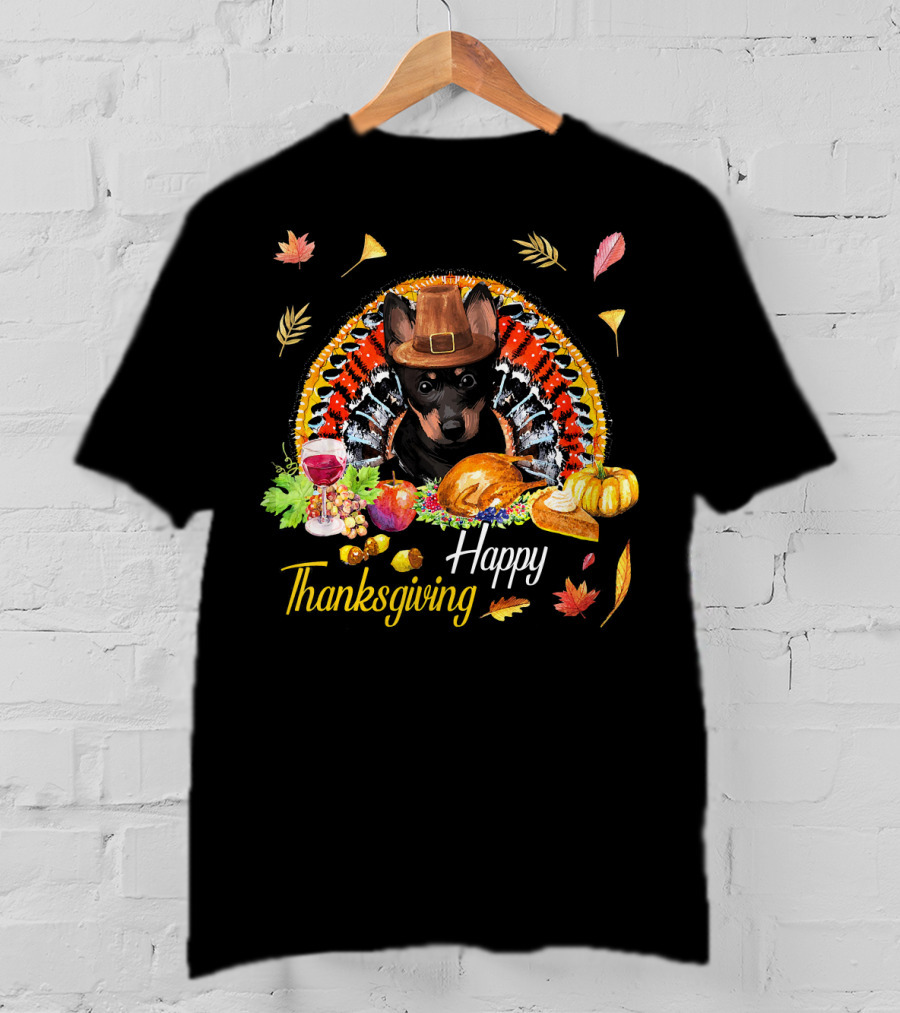 Happy Thanksgiving Heeler Dog With Feast And Autumn Leaves T-Shirt