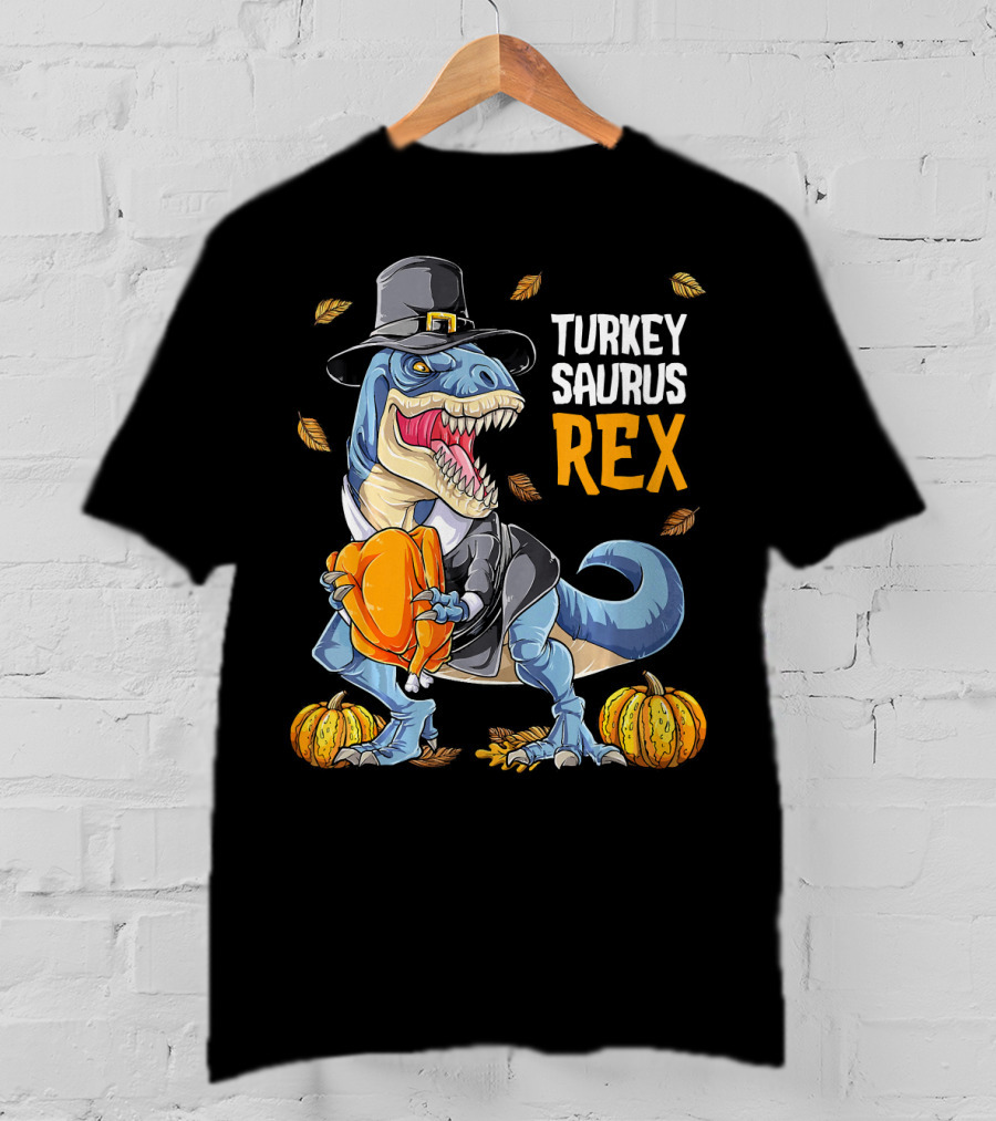 Turkey Saurus Rex Dinosaur Thanksgiving Boys Pilgrim Hat Pumpkin T-Shirt