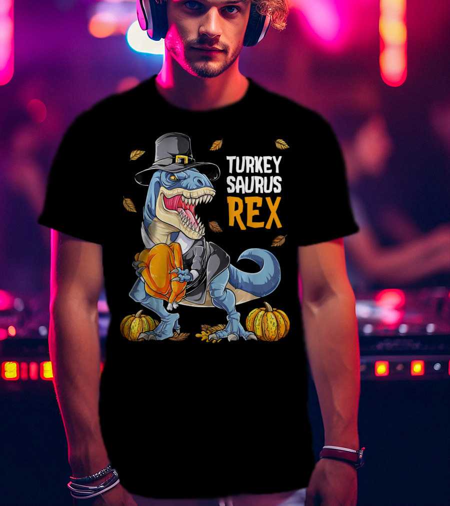 Turkey Saurus Rex Dinosaur Thanksgiving Boys Pilgrim Hat Pumpkin T-Shirt