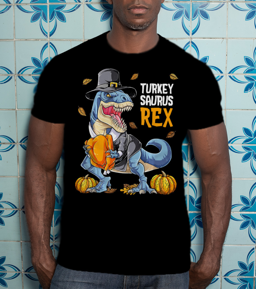 Turkey Saurus Rex Dinosaur Thanksgiving Boys Pilgrim Hat Pumpkin T-Shirt