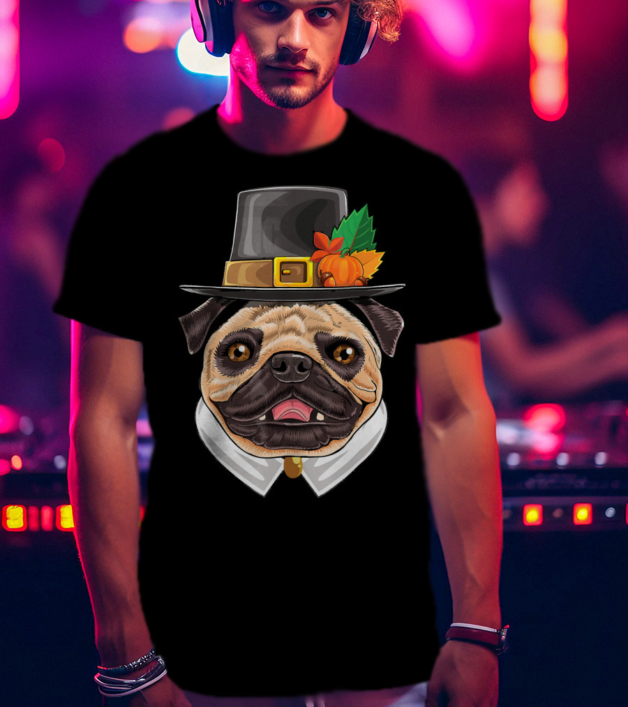 Thanksgiving Pug Pilgrim Hat With Pumpkin And Leaves T-Shirt