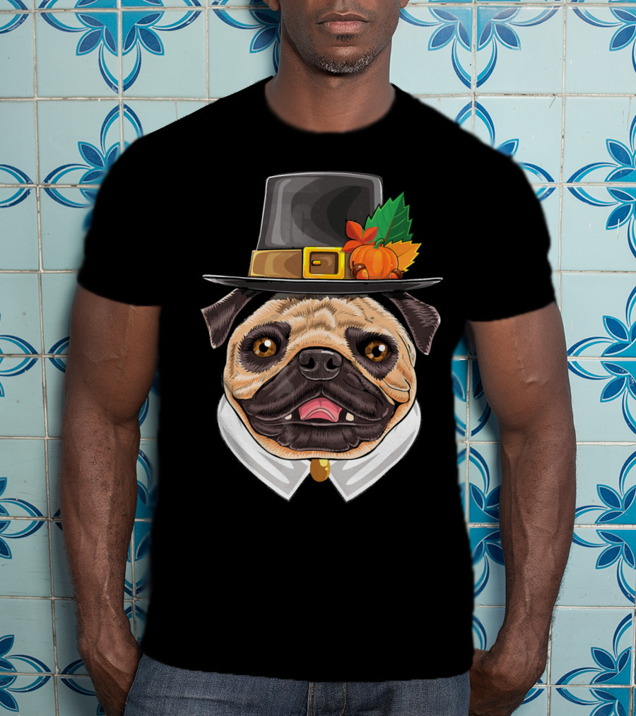 Thanksgiving Pug Pilgrim Hat With Pumpkin And Leaves T-Shirt