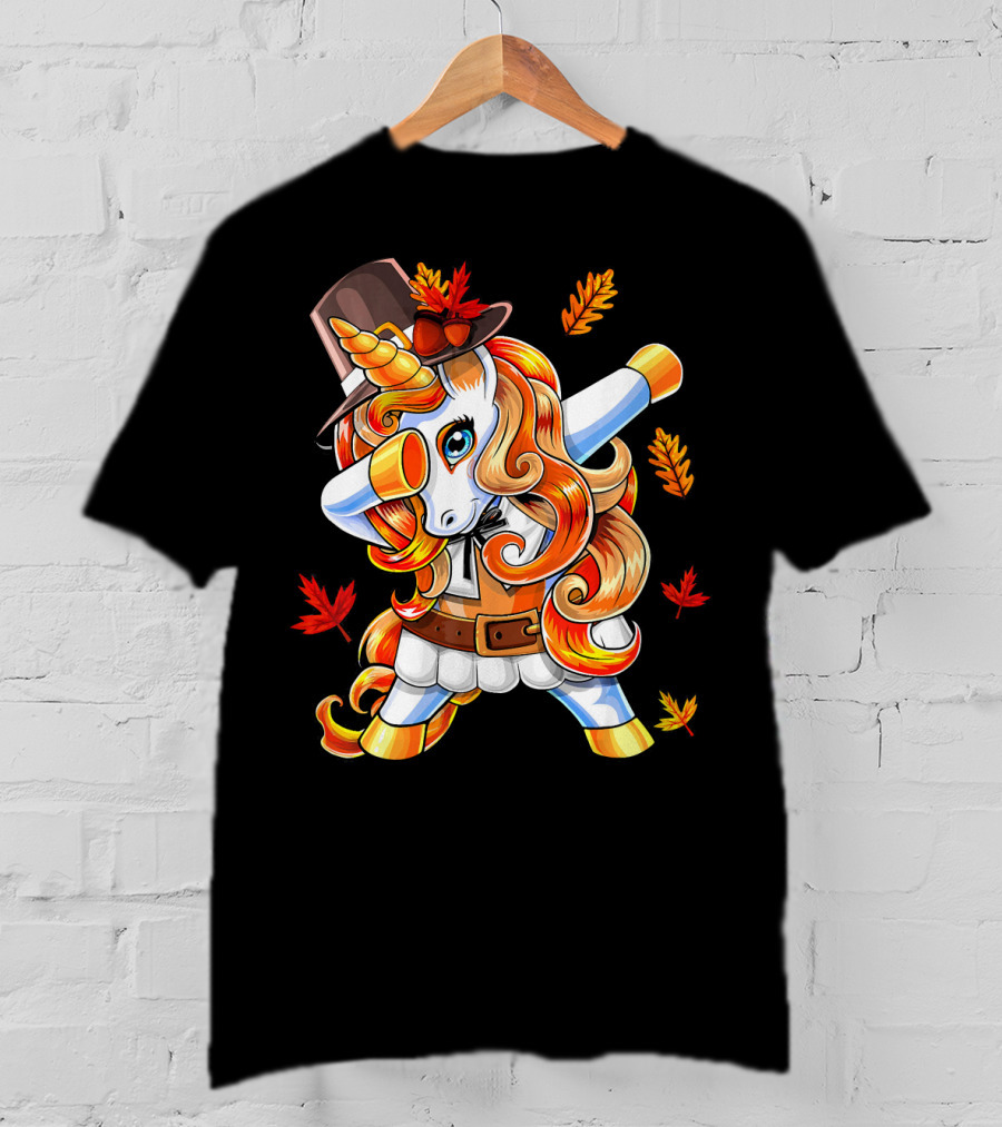 Thanksgiving Pilgrim Unicorn Dabbing Autumn Leaves T-Shirt