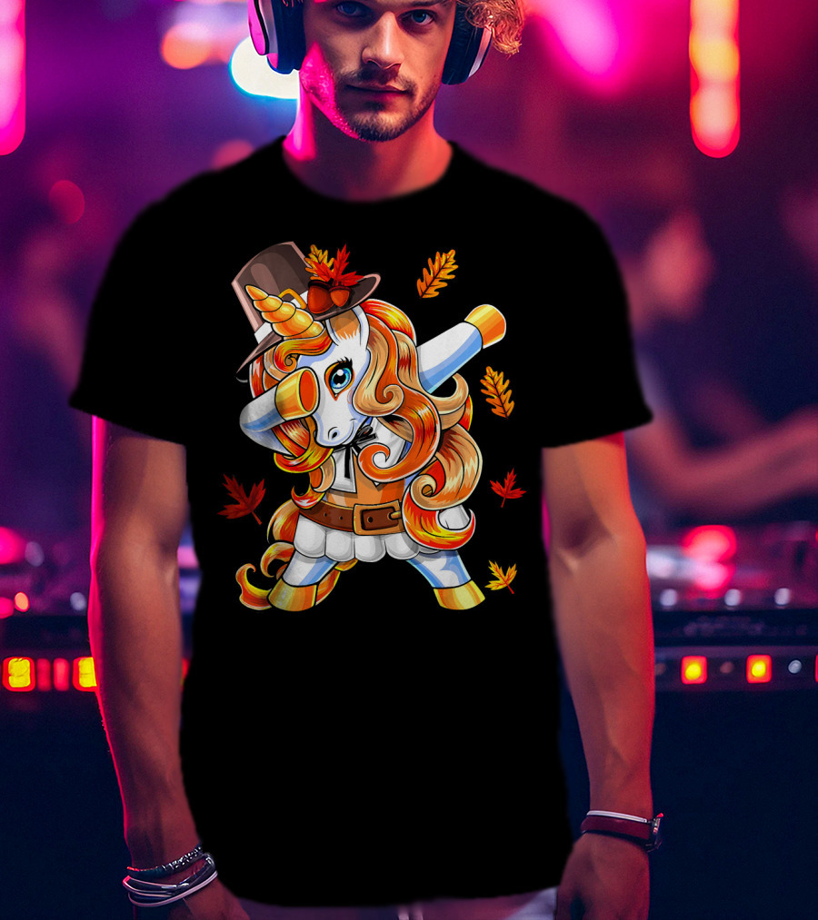 Thanksgiving Pilgrim Unicorn Dabbing Autumn Leaves T-Shirt