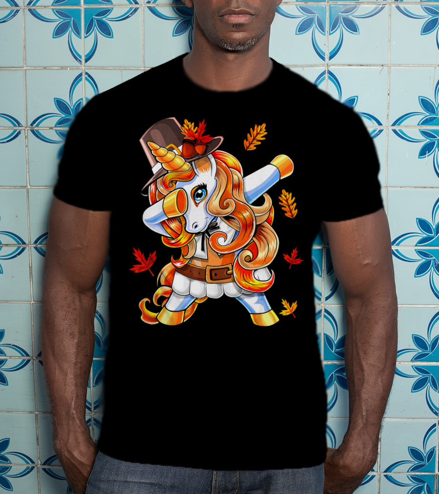 Thanksgiving Pilgrim Unicorn Dabbing Autumn Leaves T-Shirt