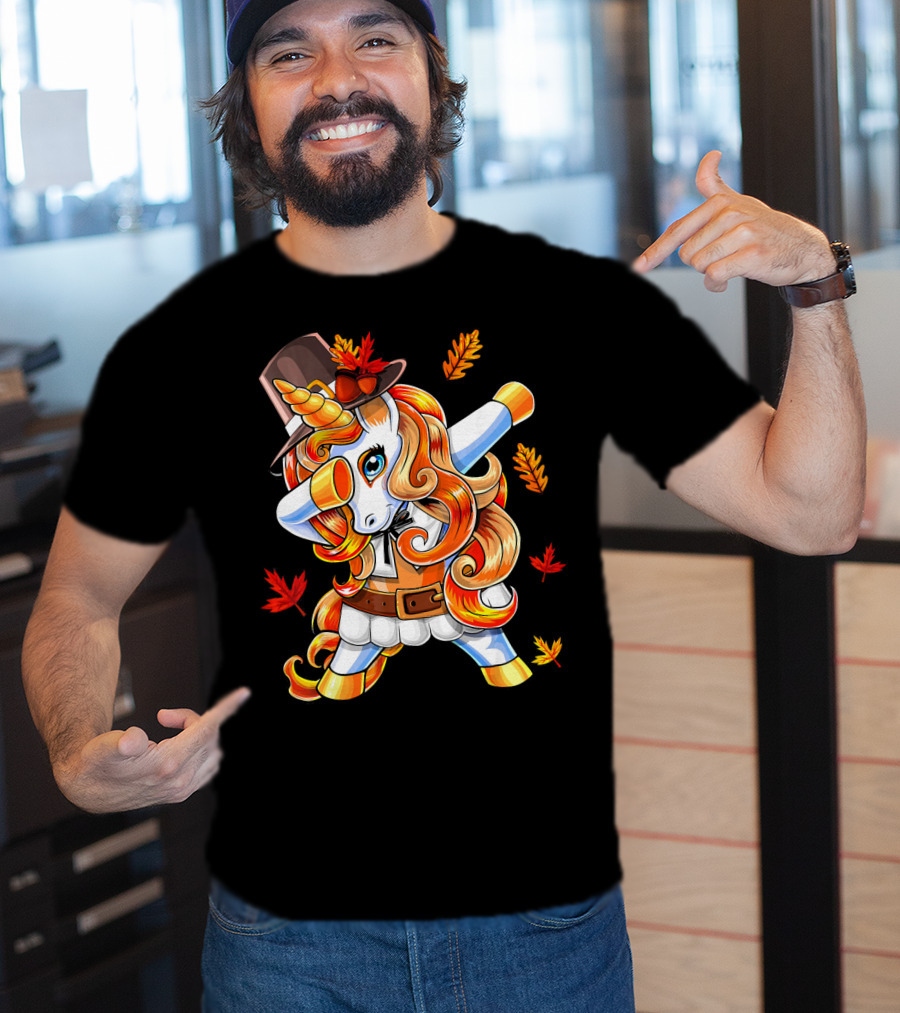 Thanksgiving Pilgrim Unicorn Dabbing Autumn Leaves T-Shirt