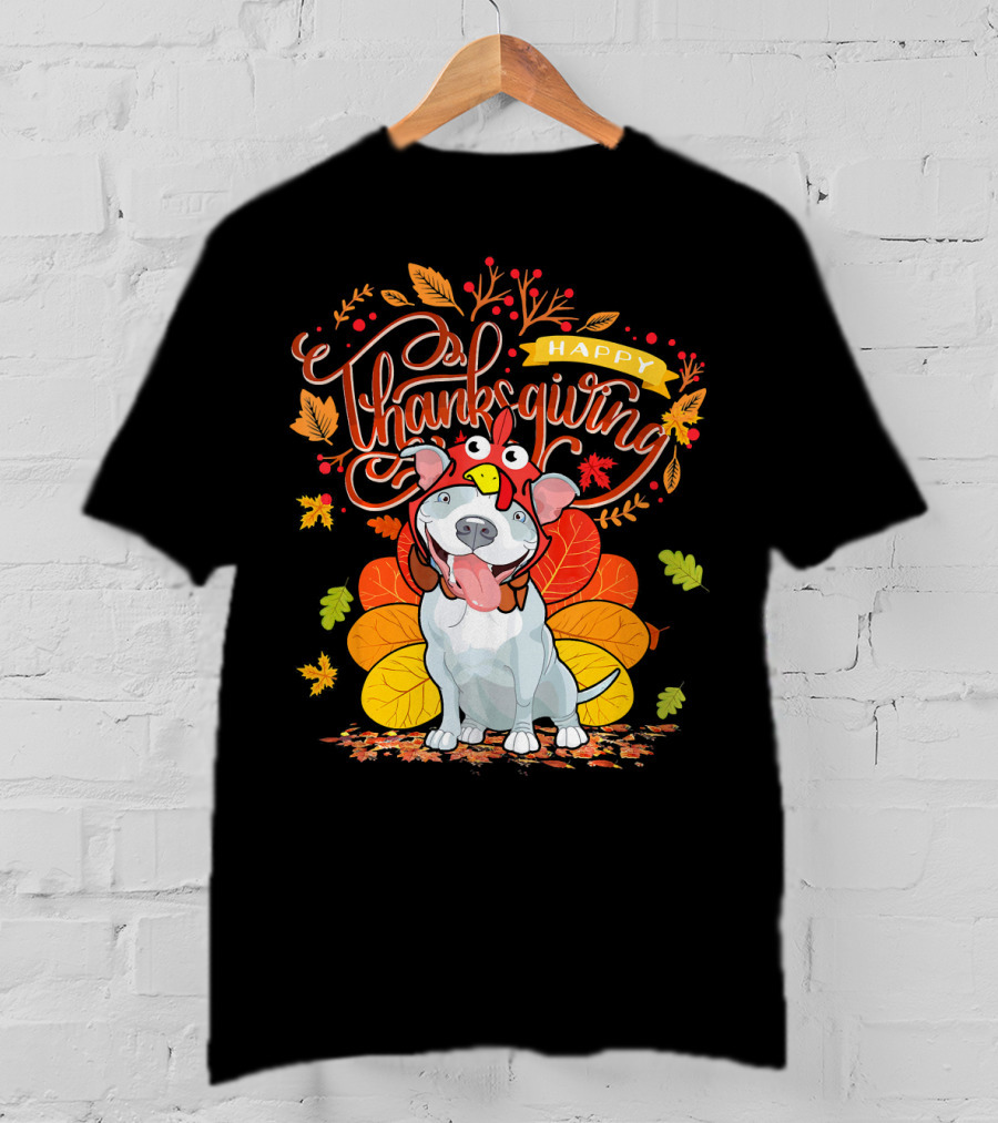 Happy Thanksgiving Pit Bull Wearing Turkey Hat Autumn Leaves T-Shirt
