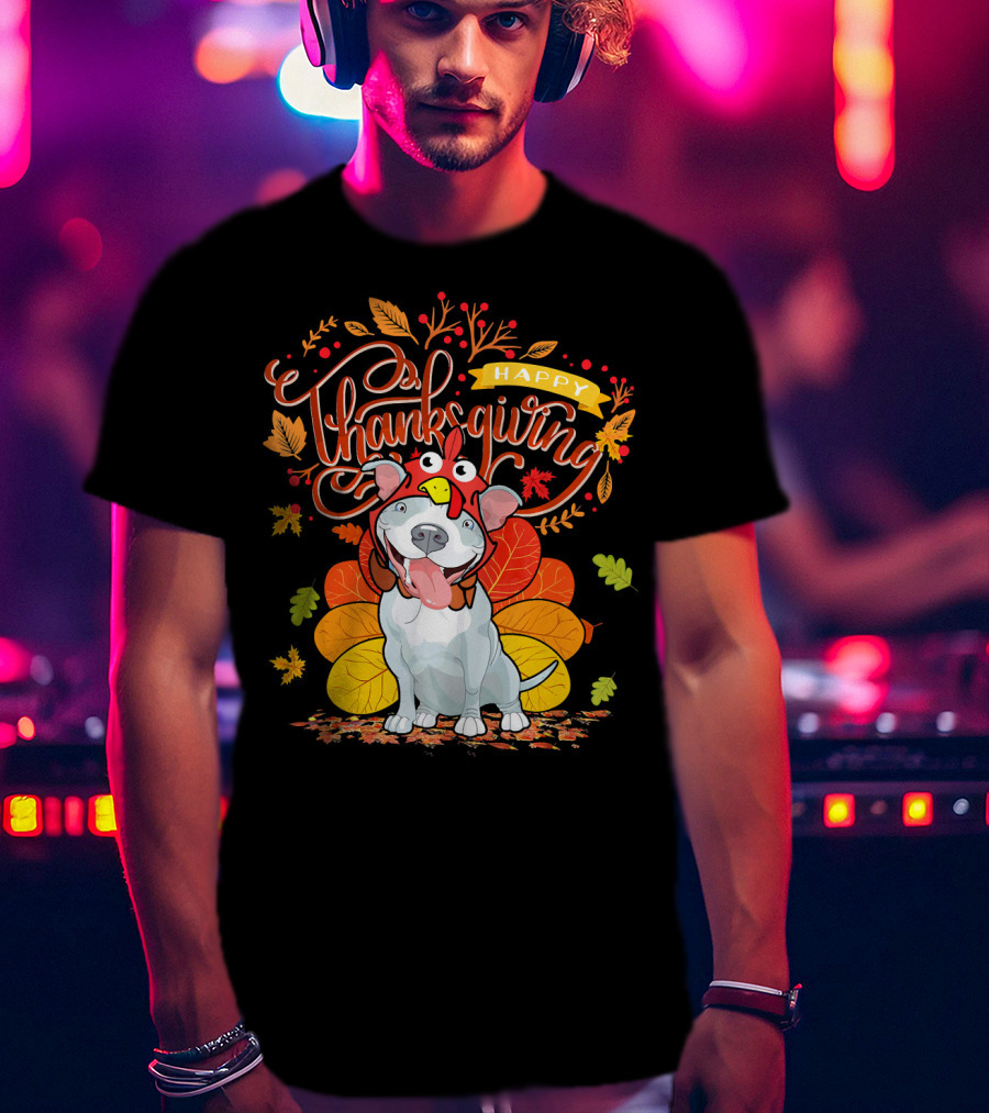 Happy Thanksgiving Pit Bull Wearing Turkey Hat Autumn Leaves T-Shirt