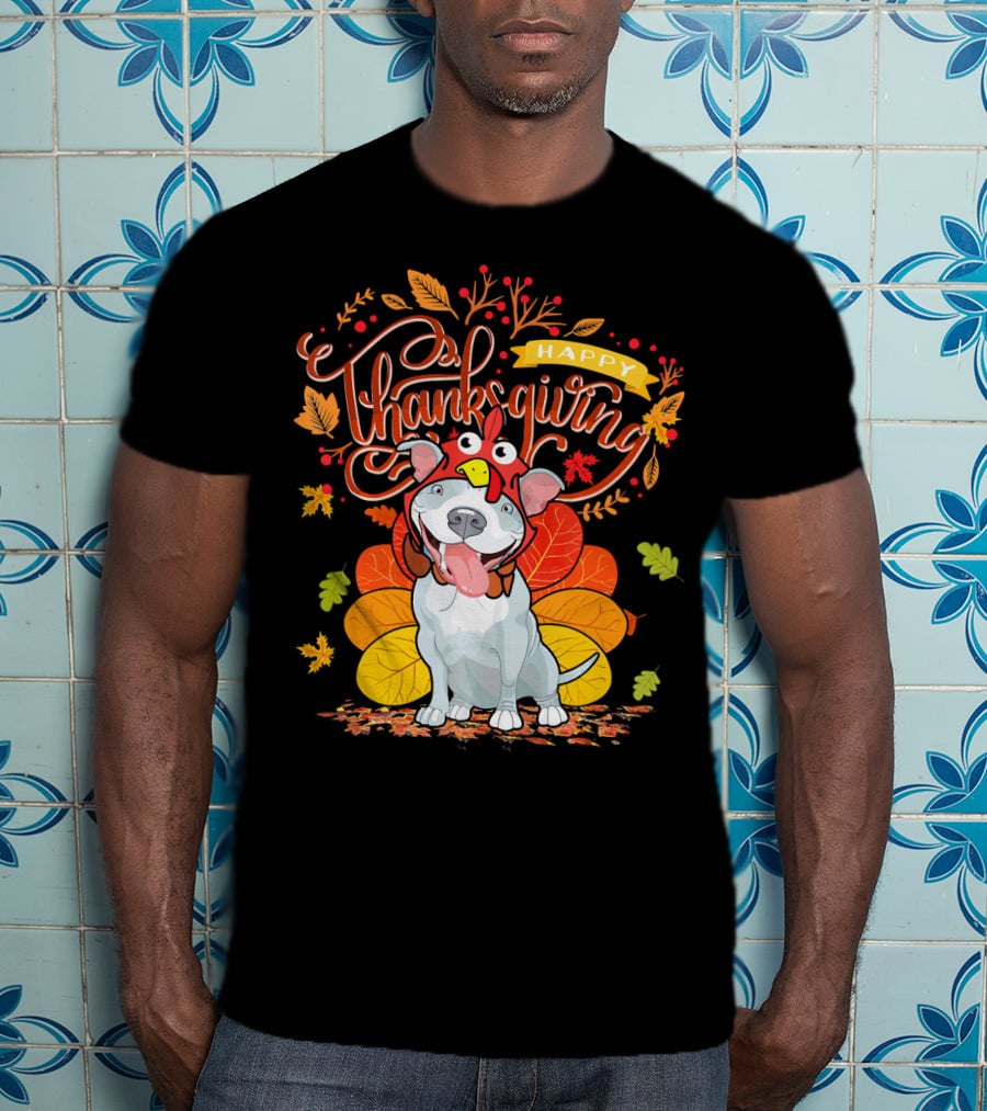 Happy Thanksgiving Pit Bull Wearing Turkey Hat Autumn Leaves T-Shirt